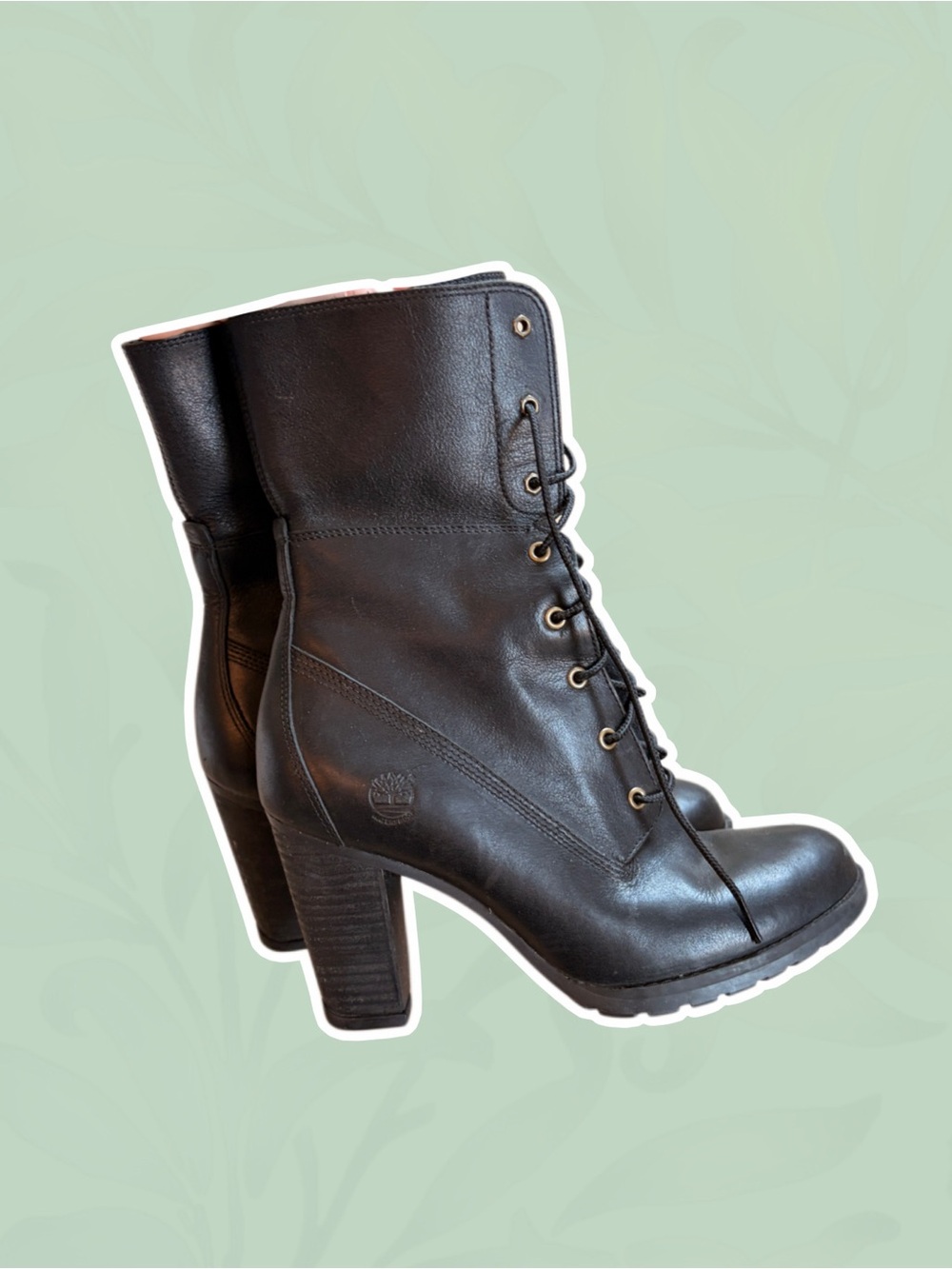 Timberland Black Leather Lace-Up Block Heel Boots